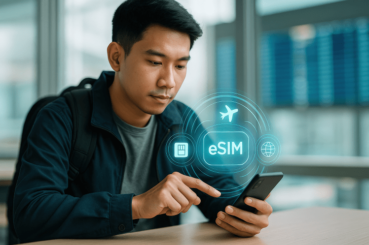 A man sitting in the airport, activating his eSIM service on his smartphone before departure