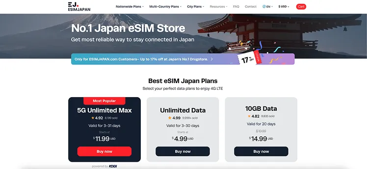 Best eSIM for Japan. ESIMJAPAN.com, the No.1 Japan eSIM store powered by KDDI, features popular data plans including 5G unlimited max, unlimited data, and 10GB data valid up to 30 days. 