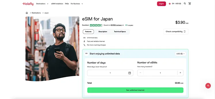 Holafly offering unlimited data eSIM plans for Japan, providing fast and reliable internet based on your selected number of days
