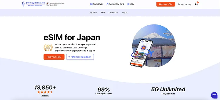 Japan Wireless eSIM offers 5G unlimited data, pocket WiFi, and prepaid SIM cards for Japan, with English customer support based locally