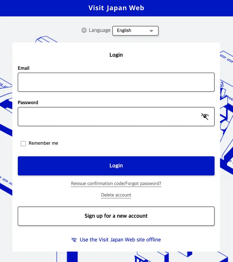login page for Visit Japan Web, and offline mode is also available