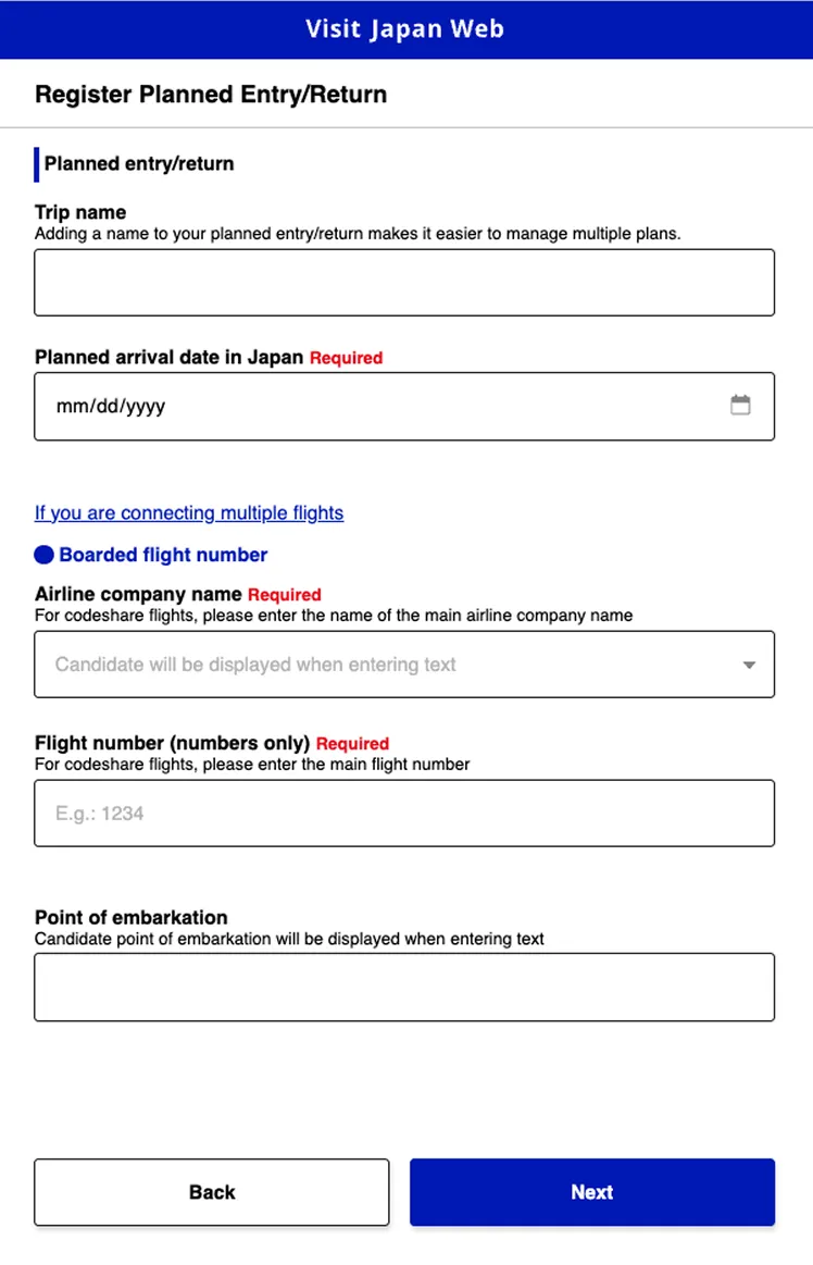 A new registration form where users enter travel details for their planned entry or return to Japan, including intended arrival/return dates and specific flight information without referring to previous entries