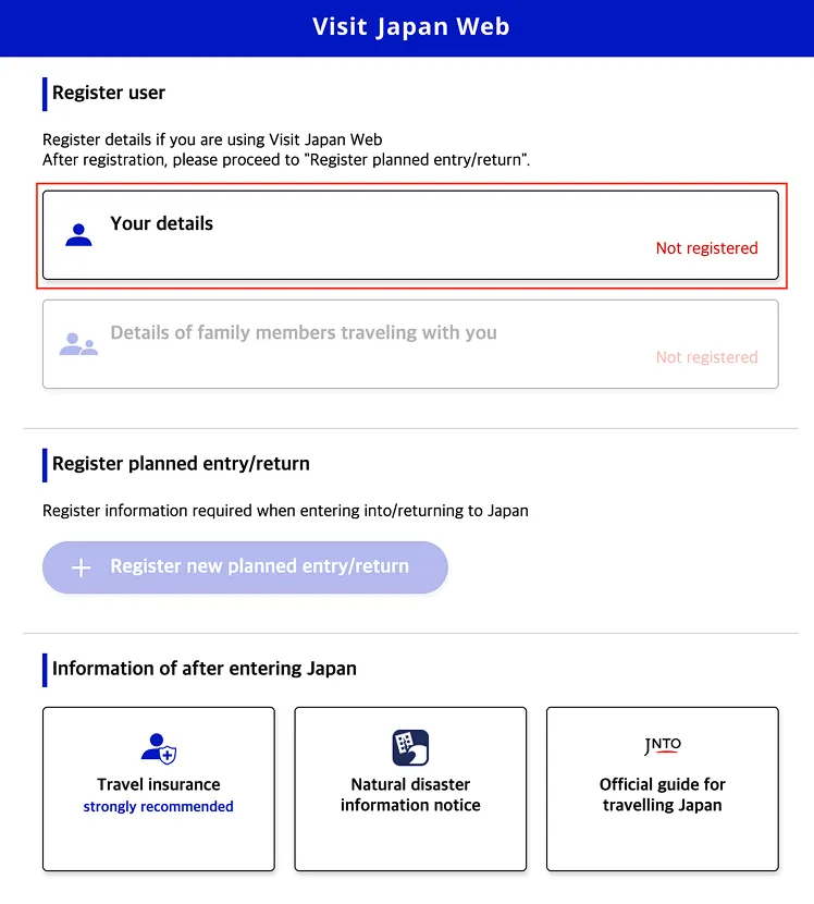 Register User page, where travelers can enter and save all information related to their trip to Japan