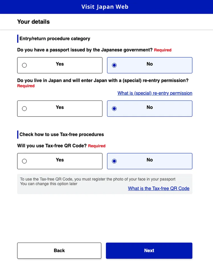 Page displaying questions about passports, re-entry permission, and tax-free QR codes under the “Entry and Return Procedure” category.