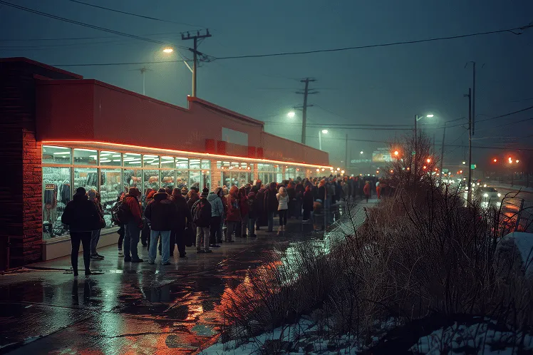 A long line of people bundled in warm padded jackets stretches in front of a store in the US before dawn, eagerly waiting to enter and take advantage of Black Friday deals