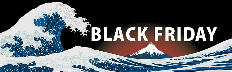 Black Friday in Japan banner with Mount Fuji illustration and big waves