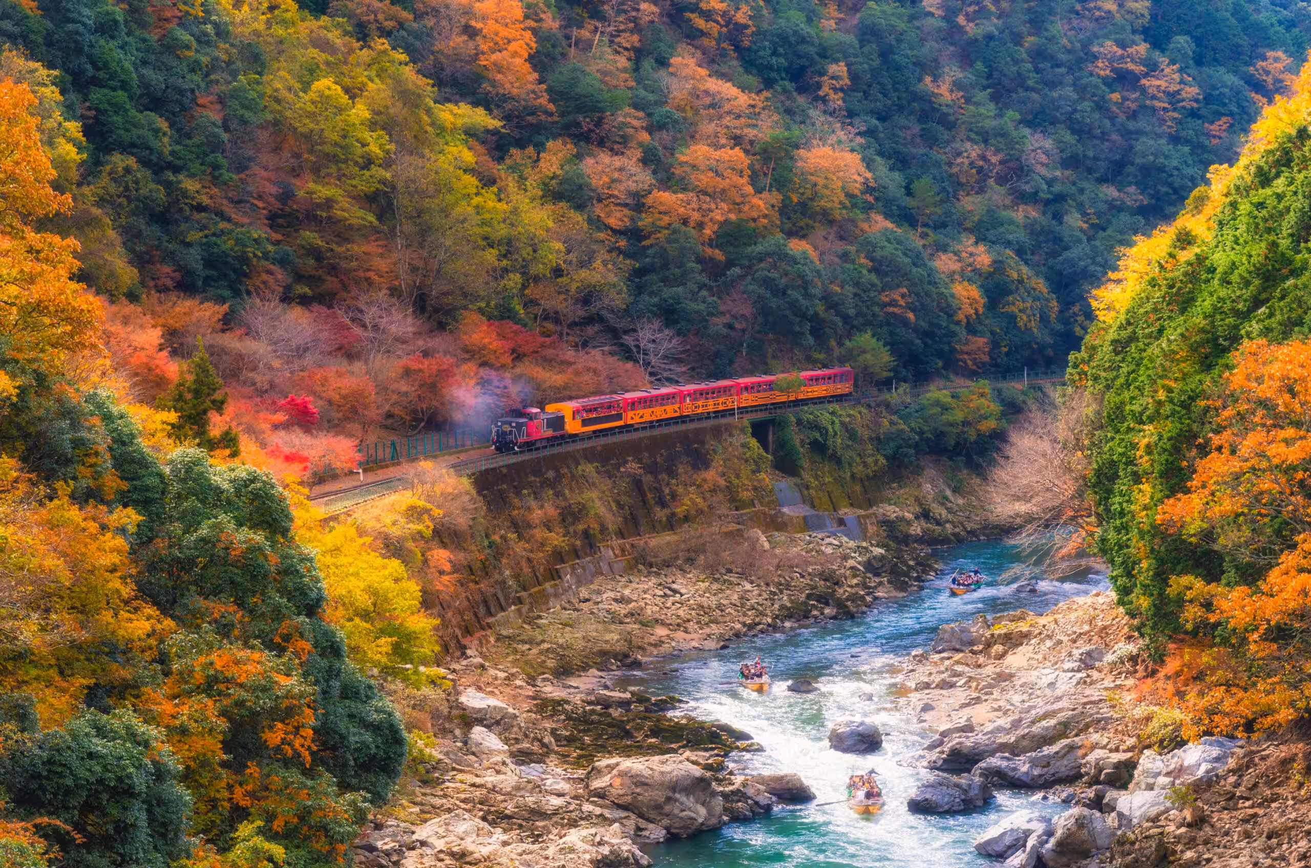 A beautiful mountain view in autumn season showcases a Sagano Scenic Railway or Romantic Train crossing a bridge over a river in Arashiyama, Kyoto, Japan