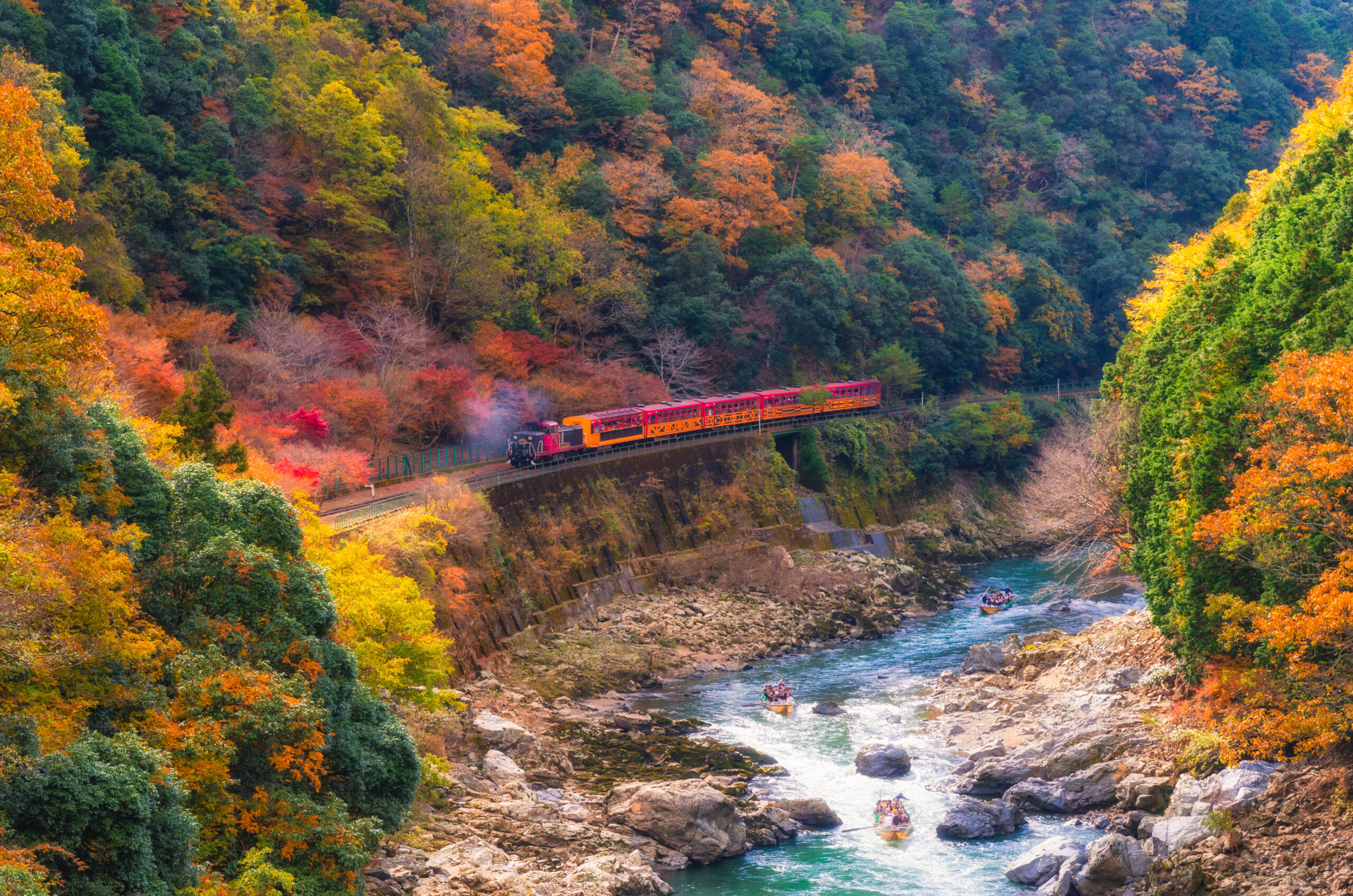 A beautiful mountain view in autumn season showcases a Sagano Scenic Railway or Romantic Train crossing a bridge over a river in Arashiyama, Kyoto, Japan
