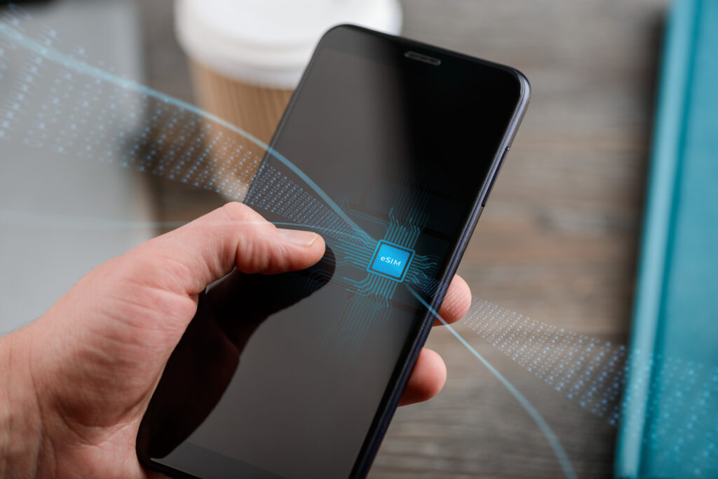 A modern smartphone screen displaying the eSIM﻿ icon, indicating full operation under eSIM technology