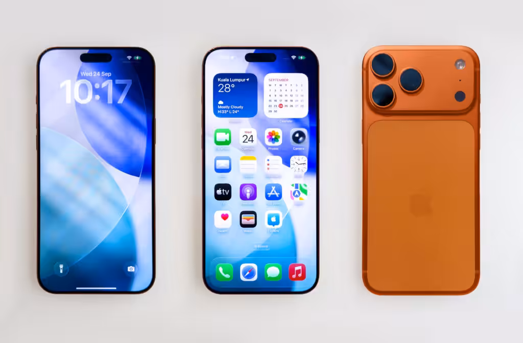In Kuala Lumpur, Malaysia, on September 24, 2025, the Apple iPhone 17 Pro is displayed showing its locked screen, home screen, and the back side of the phone, highlighting its sleek design