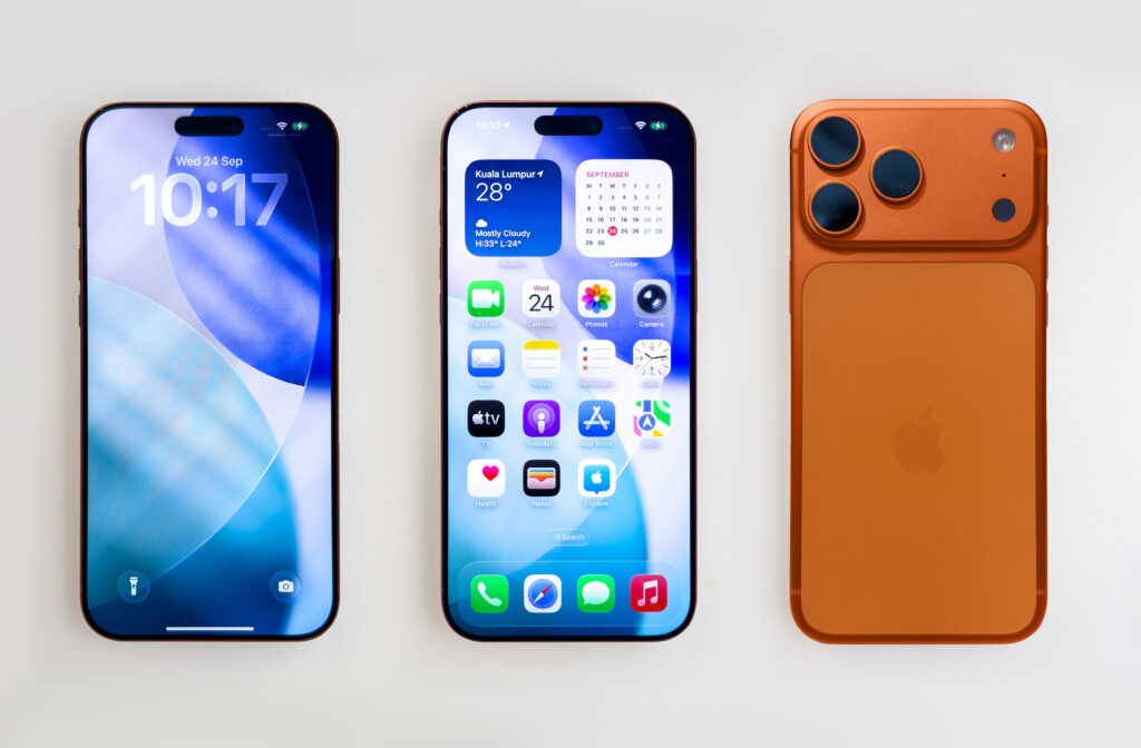 In Kuala Lumpur, Malaysia, on September 24, 2025, the Apple iPhone 17 Pro is displayed showing its locked screen, home screen, and the back side of the phone, highlighting its sleek design