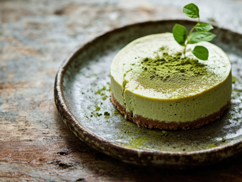 a round, vibrant matcha cheesecake sits elegantly on a rustic platter, its earthy green hue standing out against the aged surface