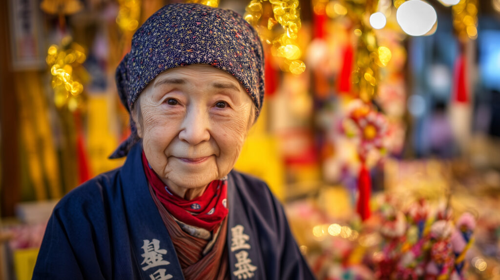 Portrait of a senior Japanese woman vendor with a gentle smile at the traditional Asakusa Tori-no-Ichi festival in Tokyo, Japan