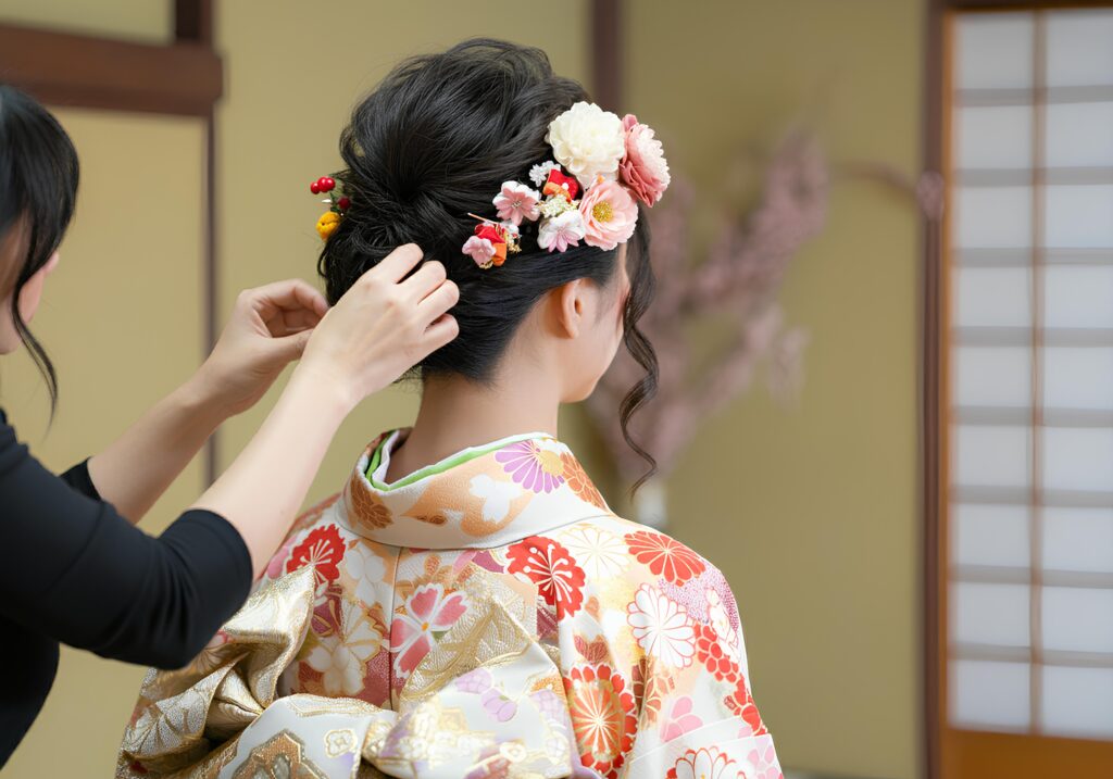 A skilled hairstylist carefully styles the updo of a young woman dressed in an elegant kimono, adorning her hair with beautiful flower accessories like silk kanzashi featuring cherry blossoms and dangling pearls